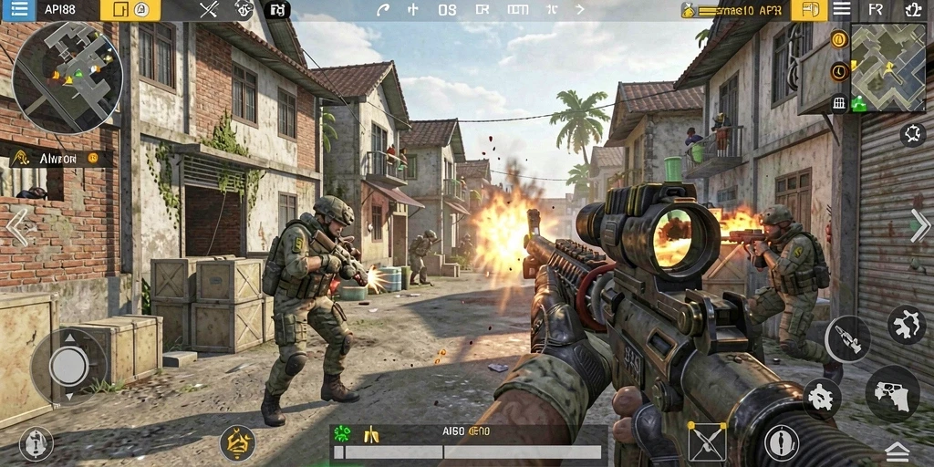 Tampilan gameplay seru dalam pertempuran FPS yang mendebarkan.
