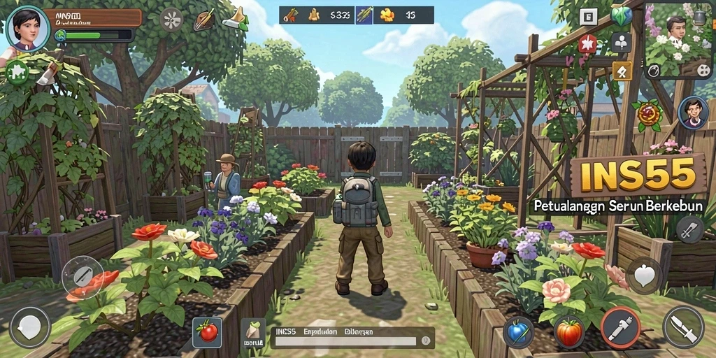 Screenshot utama INS55 menampilkan pemain berkebun dengan tanaman yang subur.