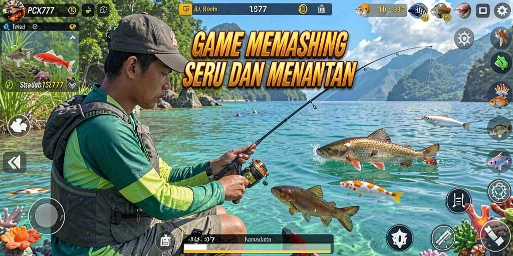 Tampilan screenshot gameplay PCX777 yang menampilkan aksi memancing seru.