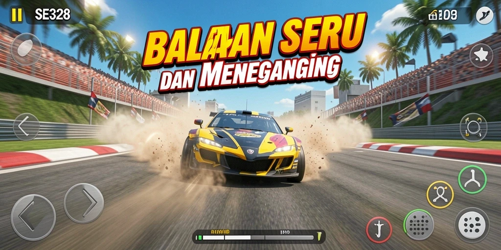 Screenshot utama SE328 menampilkan aksi balapan yang mendebarkan.