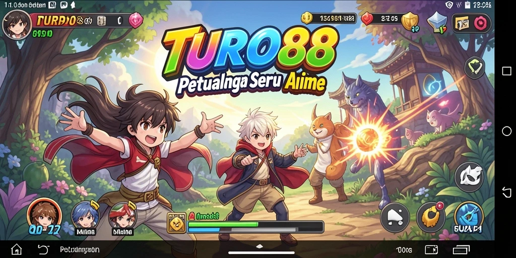Tampilan seru gameplay TURBO88 yang penuh warna dan karakter anime.