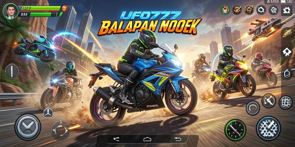 Gameplay UFO777 yang menegangkan dengan balapan motor yang cepat.
